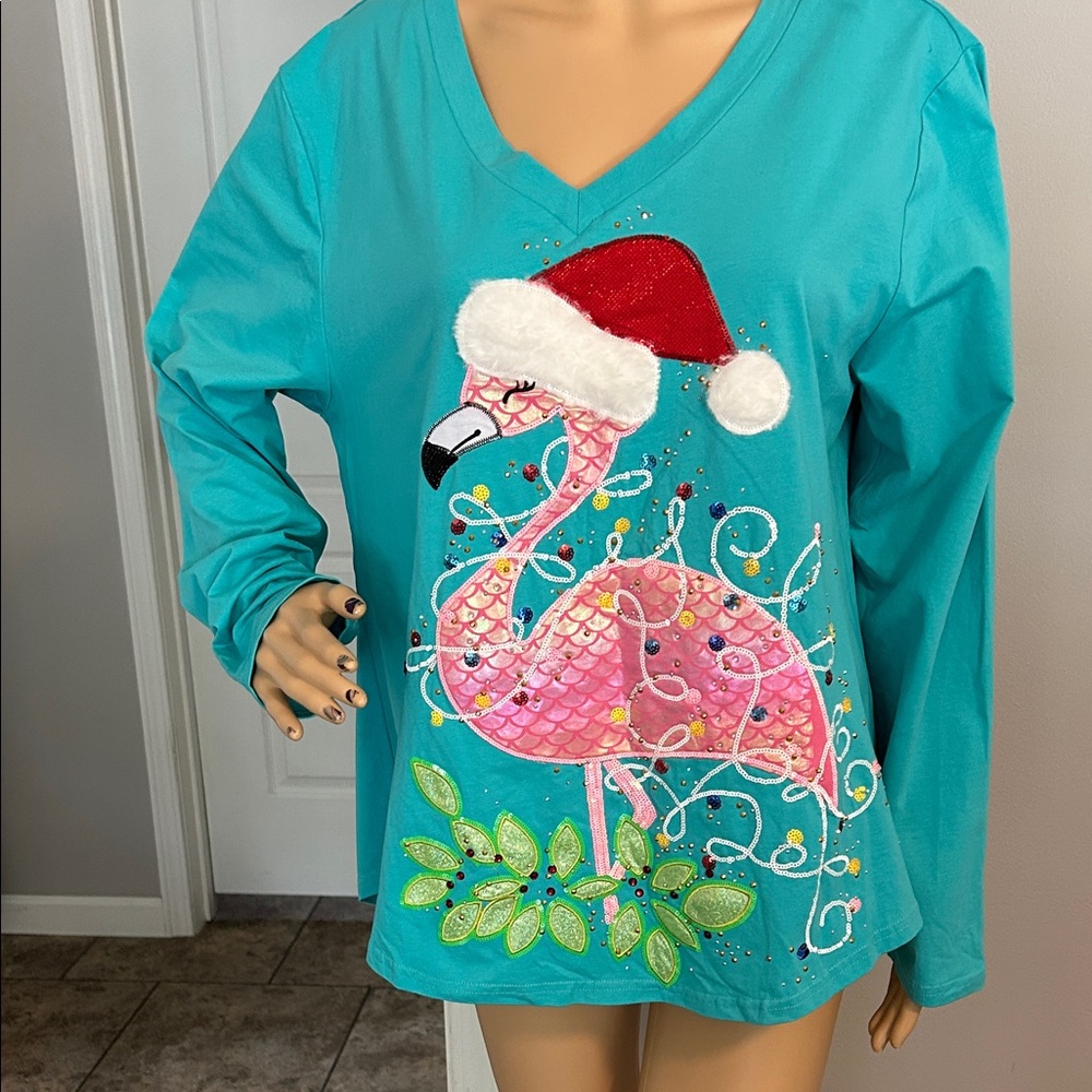Berek Teal Long Sleeve Top with Festive Flamingo